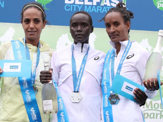 Moy Park Belfast City Marathon Womens race (L-R) second place Laila AZIZA ALAOUI SELSOULI, first place Kenya’s Beatrice Jepkemei and third place Shewaye Woldemeskel