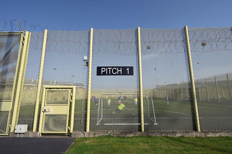 
Sport in Prisons. Prisoners play football outside Davis House at Maghaberry prison. Picture: Michael Cooper:-