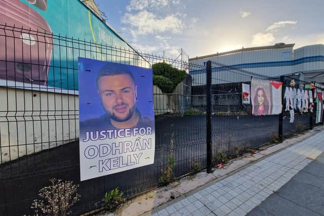 Justice for Odhrán Kelly posters erected outside Lurgan Police Station and other parts of the Co Armagh town. Mr Kelly was brutally attacked in Edward St in Lurgan on December 3, 2023 and tragically died.