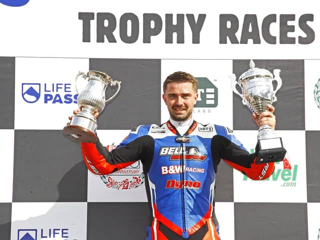 Carl Phillips (Bell Bikesport/B&W Racing BMW) dominated at the 50th anniversary Enkalon Trophy meeting on Saturday at Bishopscourt in Co Down. (Photo by Rod Neill/Pacemaker Press)