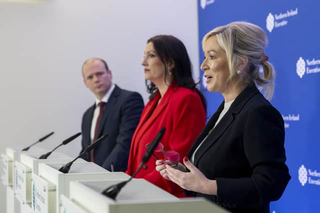 Communities Minister Gordon Lyons, Deputy First Minister Emma Little-Pengelly and First Minister Michelle O'Neill during a press conference at Stormont Castle in Belfast following a meeting of the Northern Ireland executive
