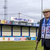 Centenarian Hilbert Willis at Lakeview Park, home of Loughgall Football Club. (Photo by Liam McBurney/PA Wire)