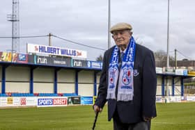 Centenarian Hilbert Willis at Lakeview Park, home of Loughgall Football Club. (Photo by Liam McBurney/PA Wire)