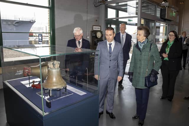 The Princess Royal during the reopening of HMS Caroline and the Pumphouse at Alexandra Dock, in the Titanic Quarter, Belfast