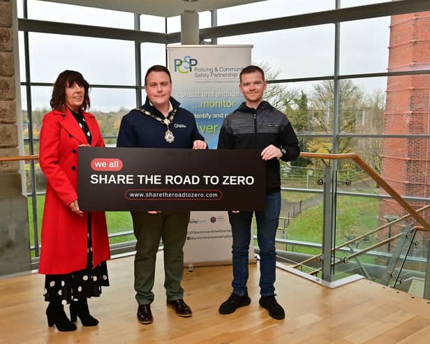 Over 450 companies and organisations have signed a pledge to stop all road deaths in Northern Ireland. Pictured are Mayor of Antrim and Newtownabbey, councillor Mark Cooper, councillor Matthew Brady, chairperson of Antrim and Newtownabbey Policing and Community Safety Partnership (PCSP) and Lynda Hurley, head of road safety promotion at the Department for Infrastructure
