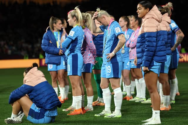 England look dejected after the FIFA Women's World Cup final match at Stadium Australia, Sydney. PIC: Isabel Infantes/PA Wire.
