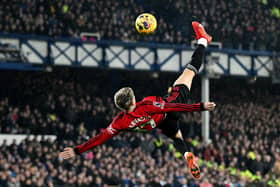 Manchester United's Alejandro Garnacho scores a spectacular goal against Everton. (Photo by Shaun Botterill/Getty Images)