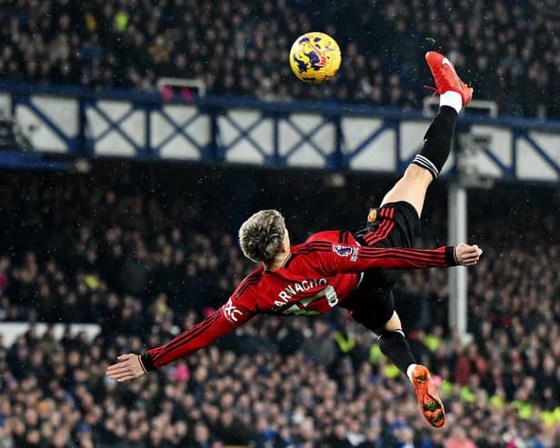 Manchester United's Alejandro Garnacho scores a spectacular goal against Everton. (Photo by Shaun Botterill/Getty Images)