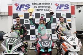 Korie McGreevey (McAdoo Kawasaki) won the Enkalon Trophy on Easter Saturday in 2025 from runner-up Daniel Matheson and Carl Phillips at Bishopscourt. (Photo by Stephen Davison/Pacemaker)