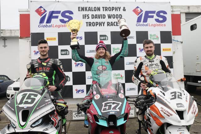 Korie McGreevey (McAdoo Kawasaki) won the Enkalon Trophy on Easter Saturday in 2025 from runner-up Daniel Matheson and Carl Phillips at Bishopscourt. (Photo by Stephen Davison/Pacemaker)