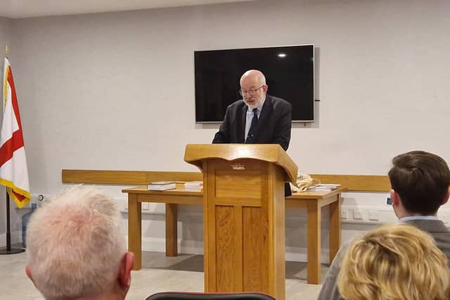 Lord (Dean) Godson, director of the Policy Exchange think-tank, delivers the David Brewster memorial lecture at the Museum of Orange Heritage in Limavady, on April 8 2024, where he spoke about David Brewster, the legacy of terrorism and about unionism. Godson opposed to the Belfast Agreement but thinks it will become a safeguard for unionism