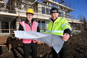 New Hagan Homes £7.5million scheme brings 18 premium new homes to the market offering unparalleled views of Belfast Lough. Pictured are Jim Burke, director of sales and acquisitions, Hagan Homes and Stephen Falloon, site foreman, GForce Contracts Ltd