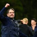 Coleraine manager Ruaidhrí Higgins celebrates after his side's Premiership win over Larne. (Photo by Andrew McCarroll/Pacemaker Press)