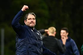 Coleraine manager Ruaidhrí Higgins celebrates after his side's Premiership win over Larne. (Photo by Andrew McCarroll/Pacemaker Press)