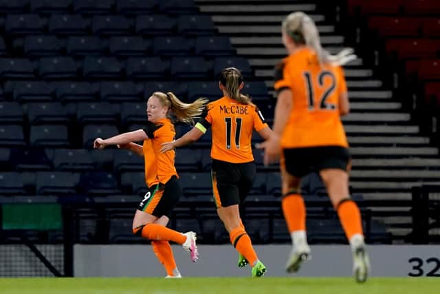 Republic of Ireland's Amber Barrett (left) celebrates scoring their side's first goal of the game during the FIFA Women's World Cup 2023 qualifying play-off match at Hampden Park, Glasgow.