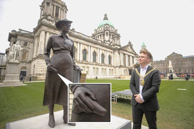 The Winifred Carney statue at Belfast City Hall, with the gun in her hand enlarged (inset), alongside SF Lord Mayor Ryan Murphy