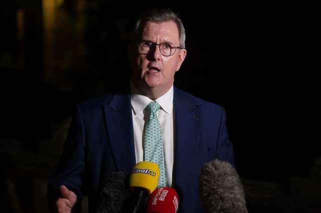 DUP leader Sir Jeffrey Donaldson, speaking outside Brownlow House following a meeting of the DUP's ruling executive in Lurgan on Thursday night