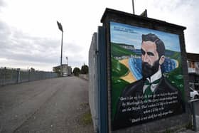 The mural of Roger Casement at Casement Park, Belfast. As part of the successful Euro 2028 bid, Casement Park has been listed as one of the stadiums where games will be played.