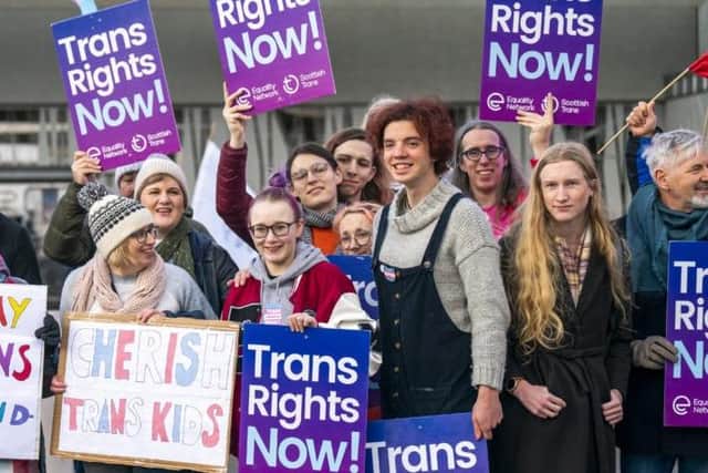 Supporters of the Gender Recognition Reform Bill (Scotland) take part in a protest outside the Scottish Parliament, Edinburgh, ahead of a debate on the bill. Picture date: Tuesday December 20, 2022. (Photo by Jane Barlow/PA Images via Getty Images)