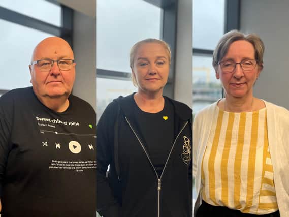 Michael Lusty, Anita Milliken, and Geraldine Treacy from Northern Ireland Covid-19 Bereaved Families for Justice, in Belfast, as Brenda Doherty from the group gave evidence to the UK Covid-19 Inquiry at Dorland House in London