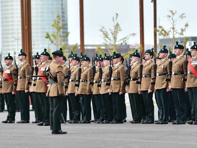 The Royal Irish Regiment taking part in a 2018 ceremony at Belfast's Titanic Slipways. Photo: Colm Lenaghan/Pacemaker