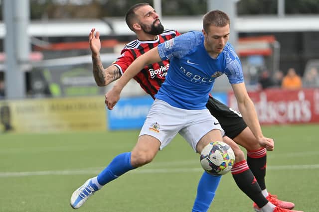 Jackson Nesbitt strong against Crusaders' Robbie Weir during his time with Glenavon. (Photo by Stephen Hamilton/INPHO)