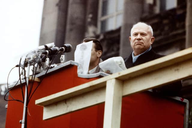 Nikita Sergeyevich Krushchev (1894-1971), Soviet statesman, first secretary of the Soviet Communist Party (1953-64) and Prime minister (1958-64), during a visit in Leipzig in 1960. (Photo credit should read -/AFP via Getty Images)