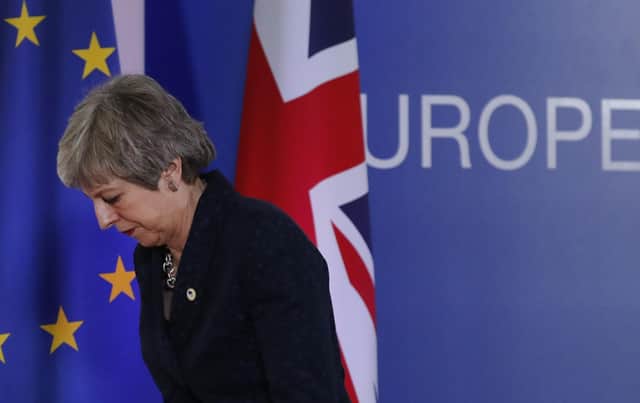 Then-British Prime Minister Theresa May at an EU summit in Brussels, in March 2019. She didn’t explore alternatives for the Irish land border. The same failure has proved true of the leaders of the two main NI unionist parties (AP Photo/Frank Augstein, File)