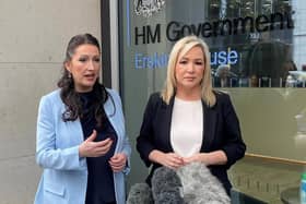 Deputy First Minister Emma Little-Pengelly (left) and First Minister Michelle O'Neill speaking to the media outside the Northern Ireland Office in Belfast on Thursday after a meeting with Northern Ireland Secretary Chris Heaton-Harris