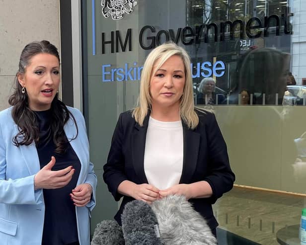 Deputy First Minister Emma Little-Pengelly (left) and First Minister Michelle O'Neill speaking to the media outside the Northern Ireland Office in Belfast on Thursday after a meeting with Northern Ireland Secretary Chris Heaton-Harris