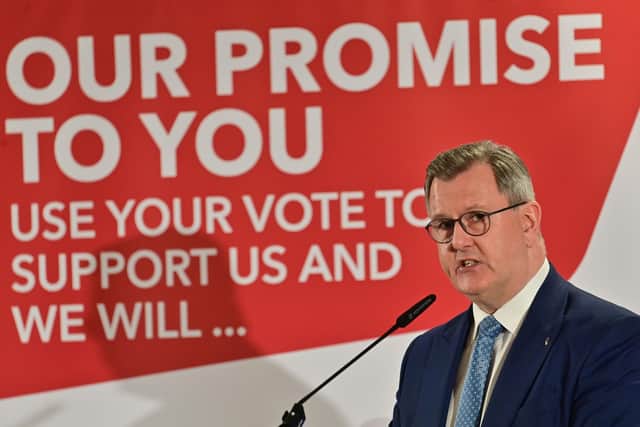 DUP Leader Sir Jeffrey Donaldson at the Party Manifesto launch for the Local Government election at the Crowne Plaza Hotel in Belfast on Thursday.
Pic Colm Lenaghan /Pacemaker