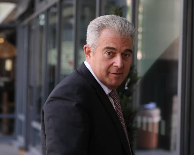 Former Secretary of State for Northern Ireland, Sir Brandon Lewis, arriving at the Clayton Hotel in Belfast to give evidence to the UK Covid-19 inquiry hearing.