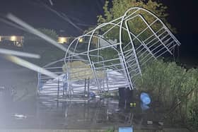 Storm damage left the Friends of Rescue shelter destroyed after strong winds brought down the structure. Credit Facebook