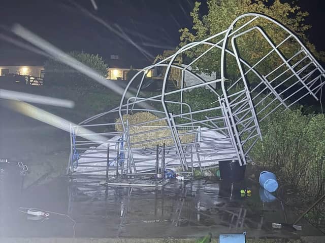 Storm damage left the Friends of Rescue shelter destroyed after strong winds brought down the structure. Credit Facebook