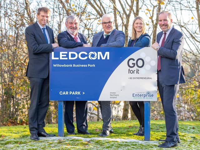 Pictured are Simon McDowell, director of Kilwaughter Minerals, Dr Norman Apsley OBE, chairman of LEDCOM, Richard Kennedy, chair of InterTradeIreland, Jenny Ervine, founder of Raise Ventures and director of Kilwaughter Minerals and Ken Nelson MBE, LEDCOM’s chief executive