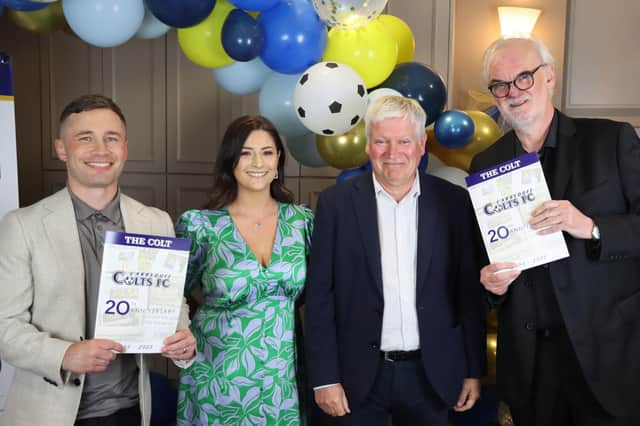 Boxer Carl Frampton, Laura Gamble, head of women's football at Carryduff Colts, club chairman Eamon Deeny, and comedian Tim McGarry at the club's 20th anniversary dinner at the Crowne Plaza Hotel in Belfast. Picture: Carryduff Colts/PA Wire