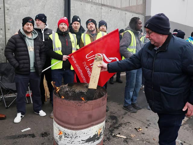 Workers at the Translink bus depot in east Belfast during their last 24-hour strike on Friday 1 December which caused widespread disruption