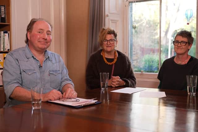 NI writer and musician Colin Harper with Scottish musicians Barbara Dickson and Karine Polwart who are all supporting the Kickstater campaign for Dick Gaughan