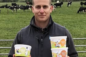 John Drayne runs the luxury ice cream and sorbet business at Draynes Farm, Lisburn. Ice cream is made from fresh milk from the farm’s extensive herd. He is removing some of the old branding to make way for the new