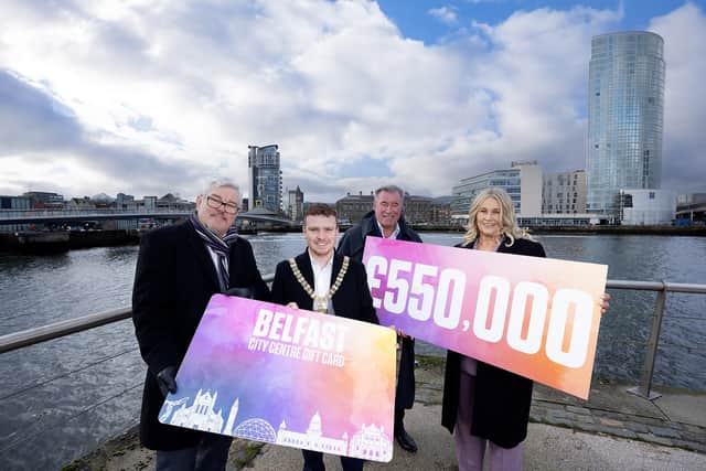 The Belfast City Centre Gift Card has surpassed its 2023 target of £500,000 – by £50,000! The initiative funded by the Belfast Business Improvement Districts (BIDs) Belfast One, Destination CQ and Linen Quarter since 2019, achieved a record breaking £550,000 in sales directly benefiting the 223 city centre businesses involved. Pictured is Damien Corr Destination CQ, Belfast Lord Mayor councillor Ryan Murphy, Alan Crowe Belfast One and Karen Clifford Belfast One