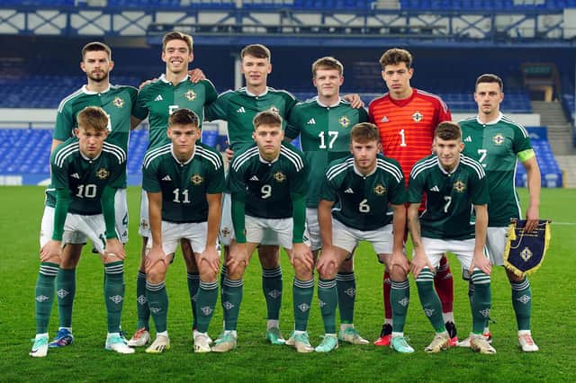 Northern Ireland under 21s' starting line-up against England at Goodison Park in Liverpool for the Euro 2025 qualifying campaign. (Photo by Peter Byrne/PA Wire)