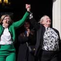 Susan Smith (left) and Marion Calder (right), co-directors of For Women Scotland, celebrate outside the Supreme Court in London after terms "woman" and "sex" in the Equality Act refer to a biological woman and biological sex, the Supreme Court has ruled. Photo: Lucy North/PA Wire