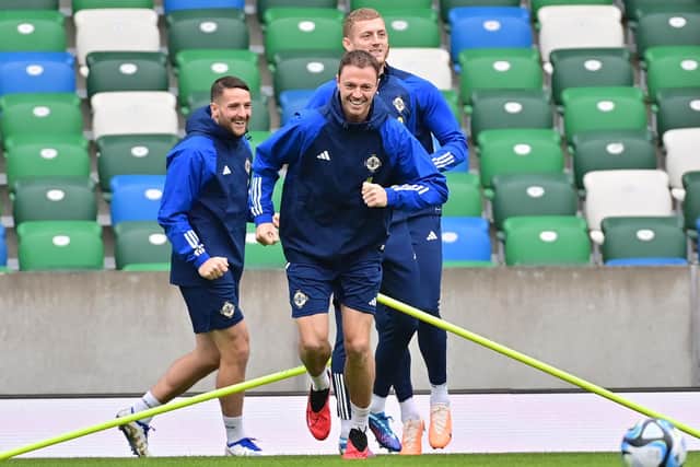 Northern Ireland captain Jonny Evans during training ahead of the Euro 2024 qualifying clash with Slovenia at The National Stadium at Windsor Park. (Photo by Colm Lenaghan/Pacemaker)