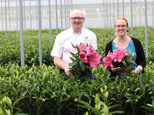 Portadown-based flower growers, Shane and Therese Donnelly at Greenisland Flowers have significantly increased supply to M&S. A supplier of scented stocks to M&S for over 20 years, Greenisland Flowers is one of the leading cut flower growers in Northern Ireland and as well as growing tulips and lilies for the retailer, has also enhanced its offering with the provision of a hand-tied packing service, with ninety percent of bouquets sold in M&S stores across Ireland hand-tied by the Greenisland team.  Pictured are Shane and Therese Donnelly from Greenisland Flowers