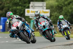 Michael Sweeney leads Michael Dunlop and Mike Browne in the Open Race at the Tandragee 100 in June. (Photo by David Maginnis/Pacemaker Press)