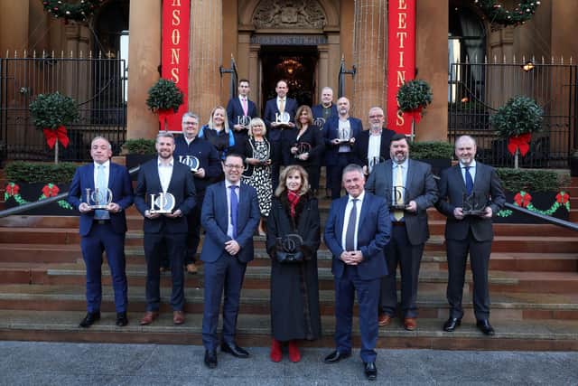 Winners of the 2022 IoD NI Director of the Year Awards pictured outside the Merchant Hotel, Belfast where the awards ceremony. The winners are joined by Seamus McGuckin, head of business banking at title sponsor AIB and IoD NI chair, Gordon Milligan. Also pictured is Kirsty McManus, national director, IoD NI