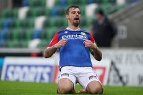 Matthew Clarke celebrates scoring Linfield's second goal in their 5-1 Premiership victory over Loughgall at Windsor Park, Belfast. PIC: INPHO/Presseye/Brian Little