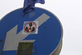 Stickers at the junction of the Garvaghy Road and Drumcree Road in Portadown. (Photo by Mark Marlow/PA Wire)