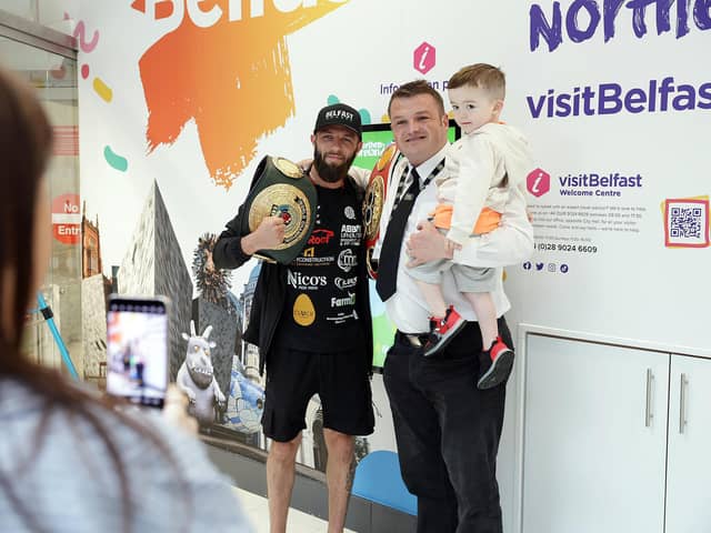 Belfast's Anthony Cacace was a popular figure at George Best Belfast City Airport yesterday after returning home to Northern Ireland as IBF super-featherweight world champion following victory in Saudi Arabia on Saturday over Joe Cordina. (Photo by Kelvin Boyes/Press Eye)