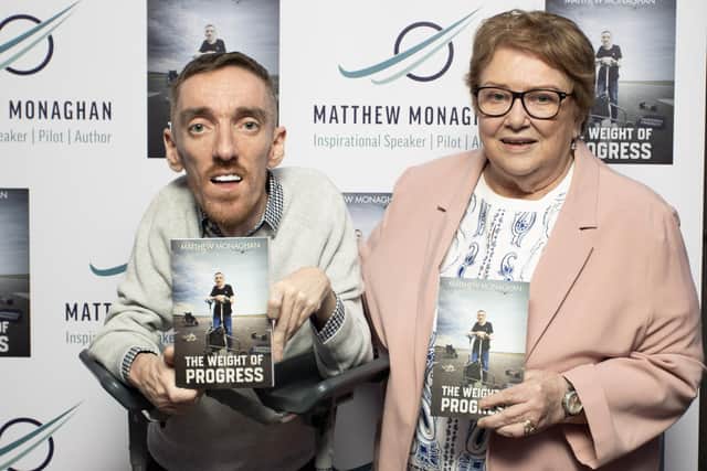 Author of The Weight of Progress Matthew Monaghan and Mum Geraldine Monaghan at the launch of his book at The Lansdowne Hotel, Belfast